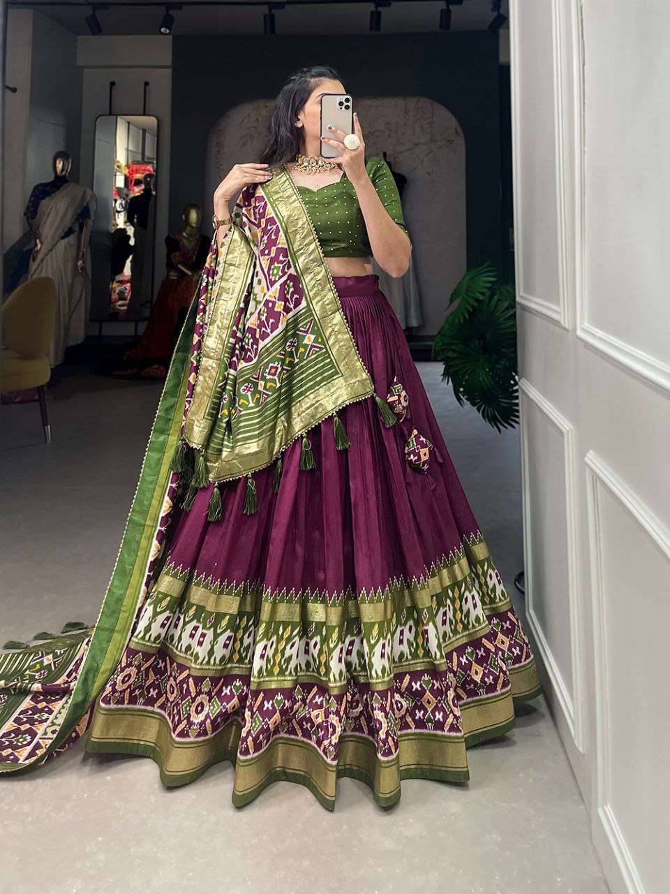 Women's Tussar Silk Patola Print Lehenga Choli Dupatta Set - Image 3
