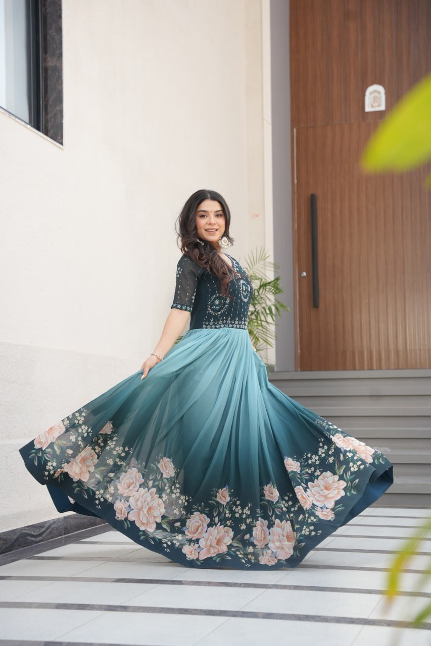 Women's Elegant Teal & Aqua Ombre Gown with Floral Printed Flair & Embellished Bodice β Perfect for Summer Festivities & Parties - Image 2