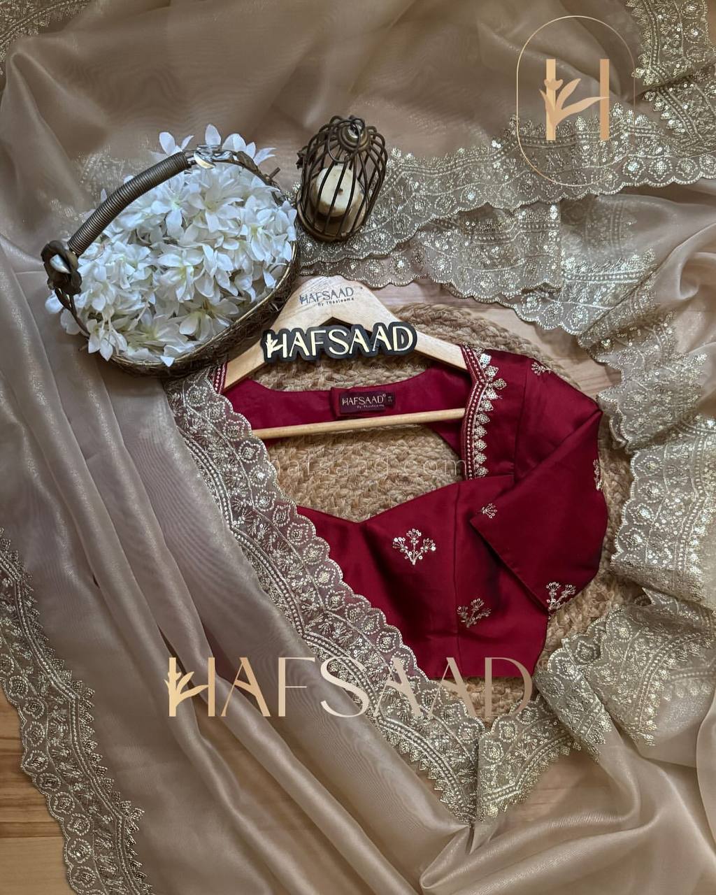 Ivory Organza Dupatta with Sequin & Zari Cutwork Border - Image 4